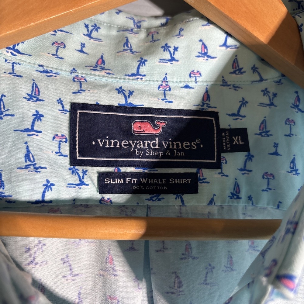 Vineyard Vines Shirt Men XL Slim Fit Whale All Over Print Tropical Palm Tree - Picture 3 of 11
